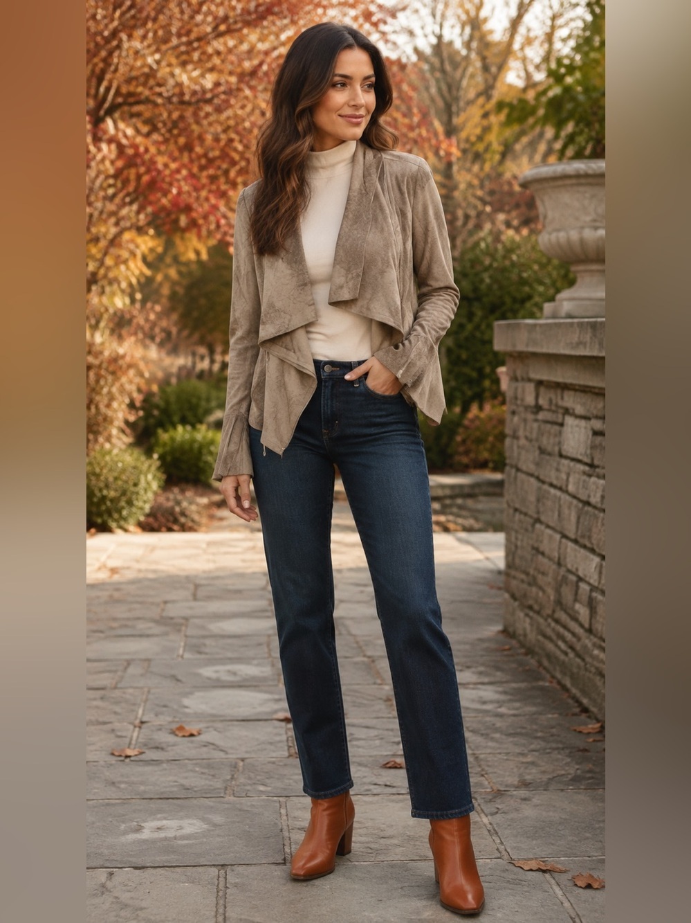 Blanc Noir Tan Faux Suede Draped Cowl Neck Moto Jacket